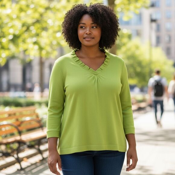 Fashion Bug Lime Green Long Sleeve Knit Top Plus Size 2X Ruffle V-Neck Cotton - Picture 14 of 14